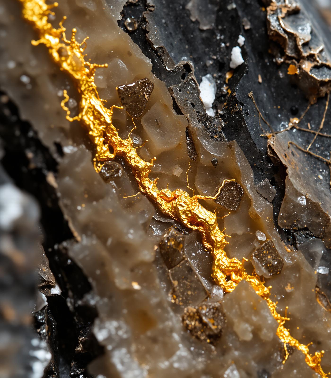 Macro photograph of a native gold vein in quartz host rock